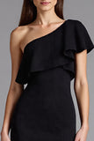 Black One Shoulder Sheath Ruffled Long Formal Dress