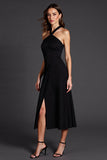 A Line Halter Black Midi Formal Dress with Slit
