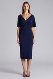 Sheath Short Sleeve Navy Midi Wedding Guest Dress