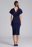 Sheath Short Sleeve Navy Midi Wedding Guest Dress