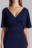 Sheath Short Sleeve Navy Midi Wedding Guest Dress