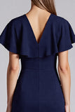 Sheath Short Sleeve Navy Midi Wedding Guest Dress