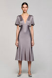 A Line Short Sleeve Grey Ruffled Midi Wedding Guest Dress