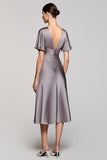 A Line Short Sleeve Grey Ruffled Midi Wedding Guest Dress