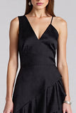 A Line V Neck Ruffled Black Midi Formal Dress