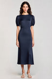 Navy Boat Neck Sheath Satin Long Wedding Guest Dress