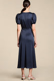 Navy Boat Neck Sheath Satin Long Wedding Guest Dress