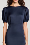 Navy Boat Neck Sheath Satin Long Wedding Guest Dress