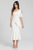 Ivory Sheath Ruffled One Shoulder Midi Graduation Dress