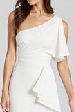 Ivory Sheath Ruffled One Shoulder Midi Graduation Dress