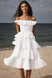 Ivory Off the Shoulder Midi Engagement Dress with Ruffles