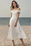 Ivory A Line Off the Shoulder Midi Engagement Dress with Lace