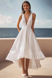 Ivory Deep V-Neck A Line High-Low Engagement Dress