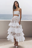 Ivory Strapless Lace Midi Engagement Dress with Ruffled