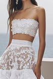 Ivory Strapless Lace Midi Engagement Dress with Ruffled