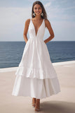 Ivory A Line Deep V-Neck Long Engagement Dress