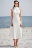 Simple Ivory High Neck Satin Midi Engagement Dress