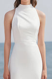 Simple Ivory High Neck Satin Midi Engagement Dress