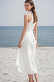 Simple Ivory High Neck Satin Midi Engagement Dress
