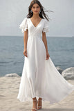 Ivory Chiffon V-Neck Long Engagement Dress with Short Sleeves