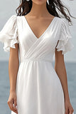 Ivory Chiffon V-Neck Long Engagement Dress with Short Sleeves