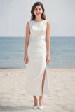 Ivory Boat Neck Satin Long Engagement Dress with Slit