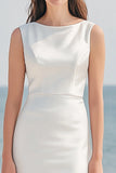 Ivory Boat Neck Satin Long Engagement Dress with Slit