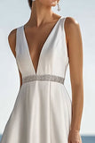 Ivory Deep V-Neck Midi A Line Engagement Dress