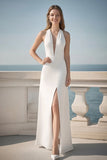 Ivory Satin Halter Sheath Long Engagement Dress with Slit
