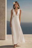 Simple Ivory Deep V-Neck Long Engagement Dress with Belt