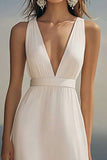 Simple Ivory Deep V-Neck Long Engagement Dress with Belt