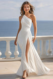 Ivory One Shoulder Ruched Maxi Beach Engagement Dress with Slit