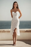 Ivory Lace Spaghetti Straps Midi Bodycon Rehearsal Dinner Dress with Slit