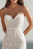 Ivory Lace Spaghetti Straps Midi Bodycon Rehearsal Dinner Dress with Slit