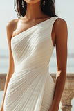 Chiffon Ivory One Shoulder Maxi Sheath Beach Engagement Dress with Slit