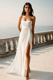 Chiffon Sweetheart Beach Ivory Sheath Maxi Engagement Dress with Slit