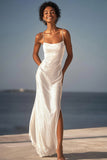 Sparkly Ivory Sequin Spaghetti Straps Maxi Wedding Reception Dress with Slit