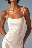 Sparkly Ivory Sequin Spaghetti Straps Maxi Wedding Reception Dress with Slit