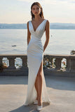 Ivory Satin Sheath V-Neck Maxi Engagement Dress with Slit