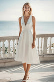 Satin Ivory Deep V-Neck A Line Midi Bachelorette Dress
