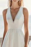 Satin Ivory Deep V-Neck A Line Midi Bachelorette Dress