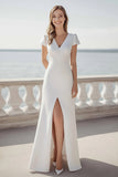 Ivory Short Sleeves Satin Maxi Rehearsal Dinner Dress with Slit