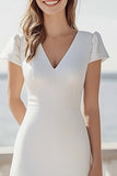 Ivory Short Sleeves Satin Maxi Rehearsal Dinner Dress with Slit