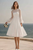 Ivory Organza Midi A Line Bridal Shower Dress with Sleeves