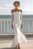 Ivory Chiffon Ruched Mermaid Maxi Rehearsal Dinner Dress with Sleeves