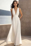 Ivory Ruched Chiffon Deep V-Neck Maxi Beach Engagement Dress