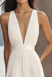 Ivory Ruched Chiffon Deep V-Neck Maxi Beach Engagement Dress