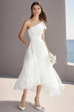 Organza Ivory One Shoulder A Line Midi Engagement Dress