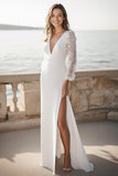 Ivory Satin Long Sleeves Maxi Sheath Engagement Dress with Appliques