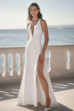 Satin Sheath Ivory Deep V-Neck Maxi Wedding Reception Dress with Slit